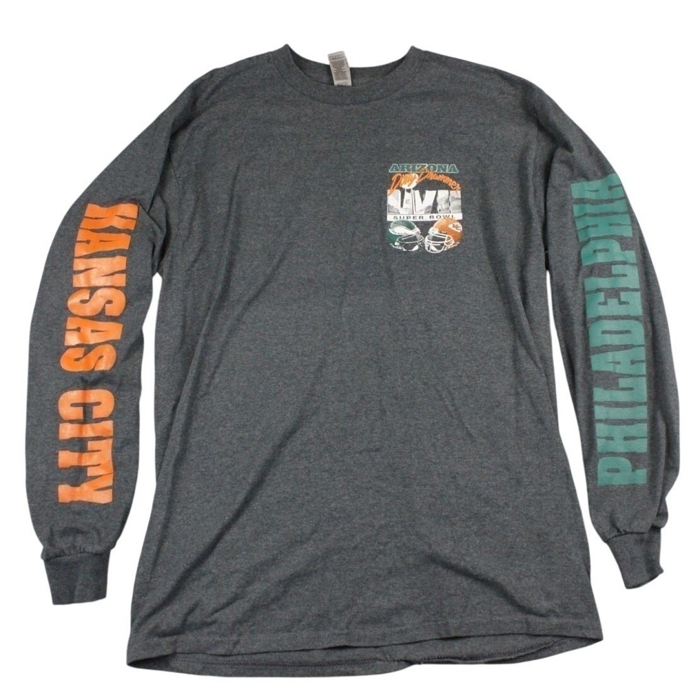 Super Bowl LVII Shirt Mens Medium Gray Long Sleeve Eagles Chiefs Dirty Drummer - Picture 2 of 9